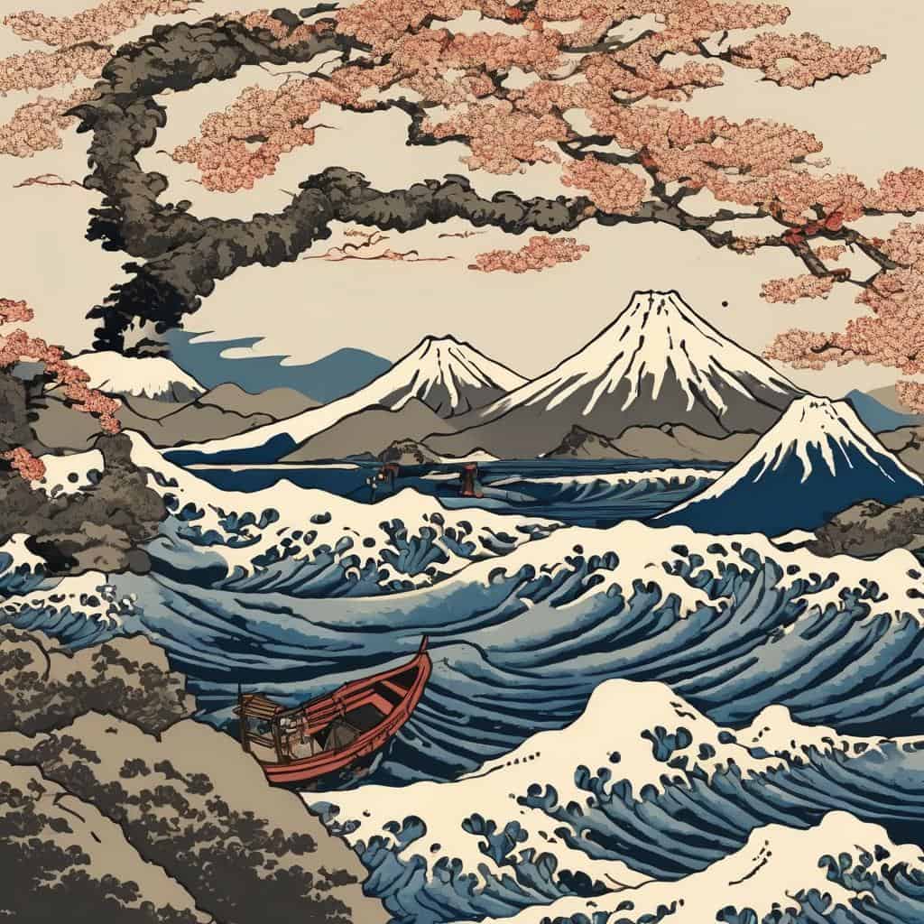 Παραδοσιακή ιαπωνική τέχνη, ηφαιστειώδης σκηνή με ανατολική φύση και παράδοση, αποτελεί διάλογο με το άγνωστο.