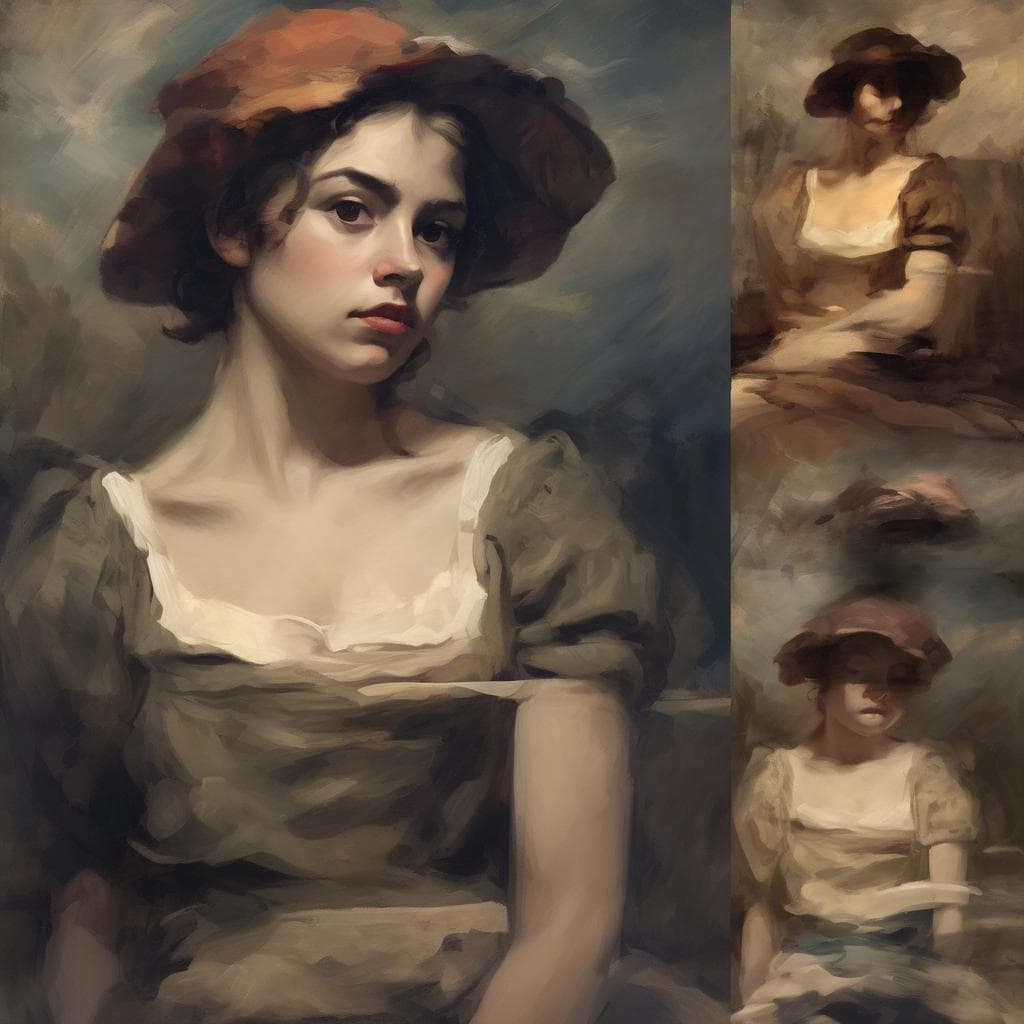 Ανθρώπινη γυναίκα με καπέλο σε τρία διαφορετικά πορτρέτα, ζωγραφική τέχνη με έμφαση στην έκφραση και τον φωτισμό.