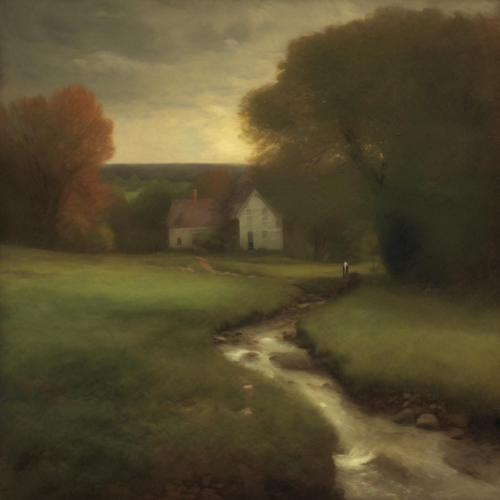 Ρομαντικό τοπίο με σπίτι και ποτάμι σε καταπράσινο περιβάλλον, τέχνη ως διάλογος με το άγνωστο.