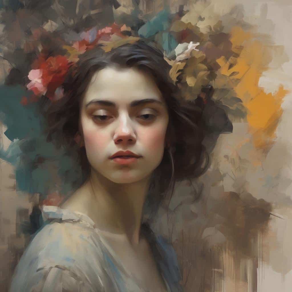 Σακούλα με νεκρές φύλλα και νεαρή γυναίκα, ζωγραφική τέχνη και διάλογος με το άγνωστο.