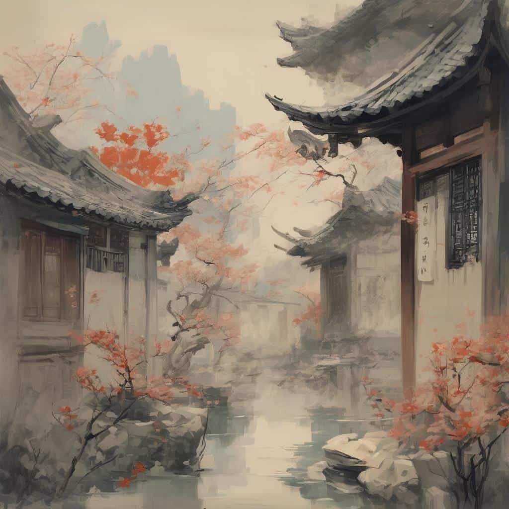 Ουαμικό τοπίο με παραδοσιακά κινεζικά κτίσματα και φθινοπωρινά δέντρα, αναπαριστώντας το διάλογο με το άγνωστο στην τέχνη.