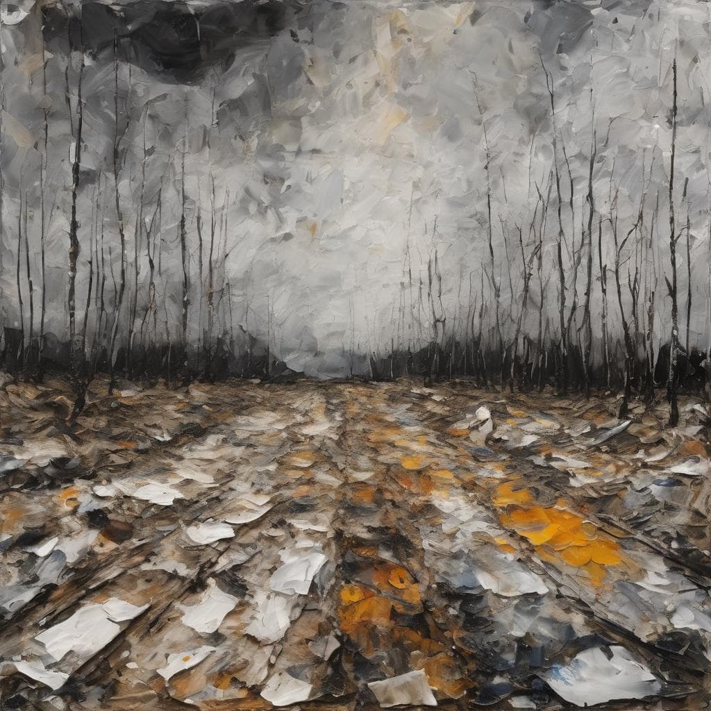 Μάσταντ ζωγραφική τοπίου με γκρίζους ουρανούς και ξεραμένα δέντρα, αφιερωμένο στη τέχνη ως διάλογο με το άγνωστο.
